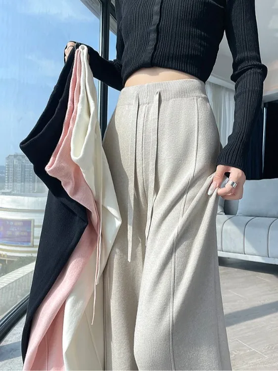 Damskie spodnie z wysokim stanem, dzianinowe, z szerokimi nogawkami, miękkie, z koronkowym wykończeniem, codzienne spodnie do ziemi, spodnie typu dra, jesień-zima, nowość.