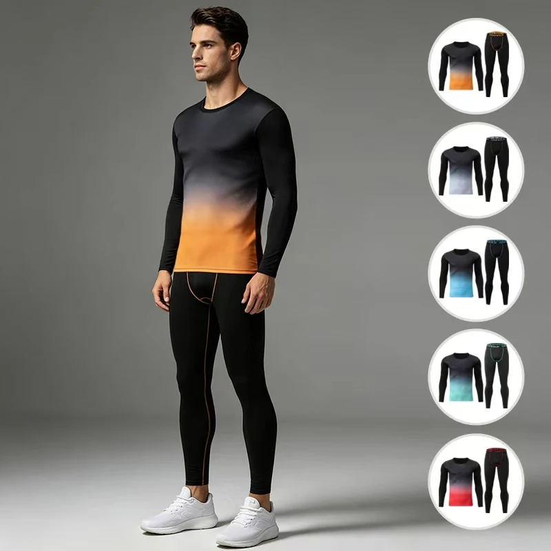 1/2 Piece Autumn/Winter Men's And Teenagers' Fashionable Gradient Long Sleeved T-shirt Casual Sports Running Base Underwear Set - view 5
