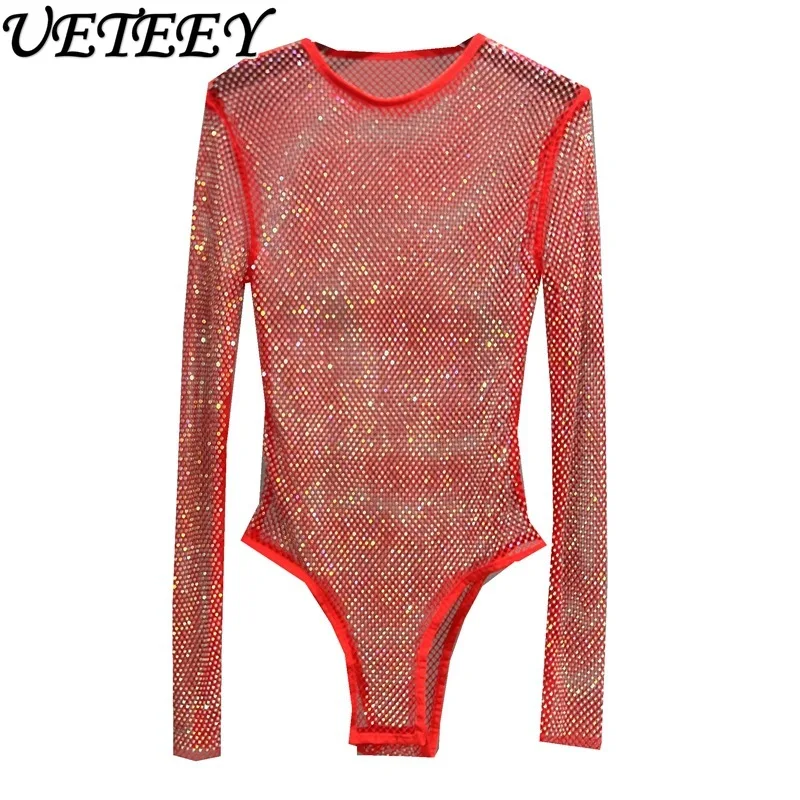 Tuta a rete con strass lucidi maglia trasparente moda Sexy tuta da salto donna discoteca Cocktail Party pagliaccetti abbigliamento