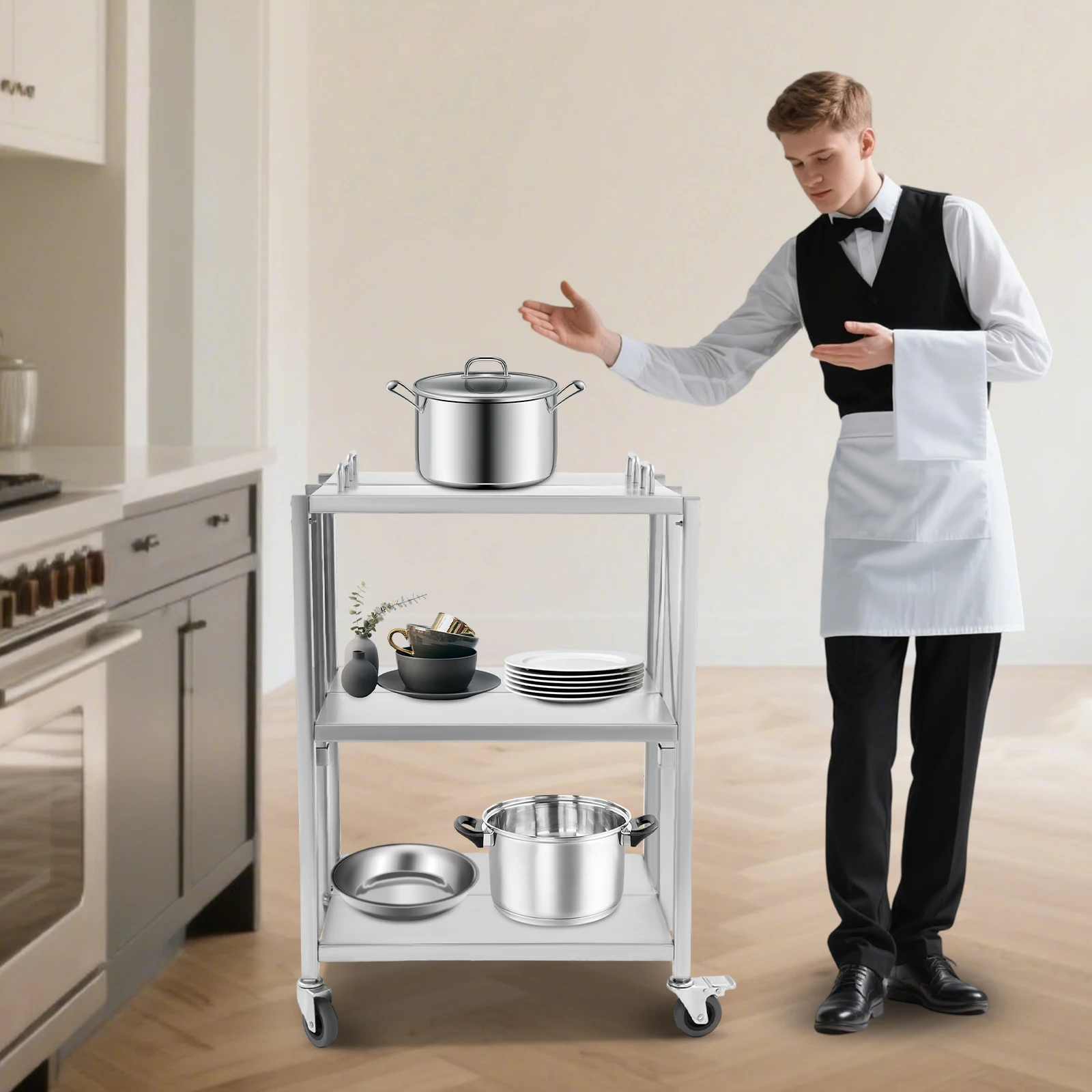 Silberner faltbarer Servierwagen, 3-stufiger, zusammenklappbarer Küchenwagen aus Edelstahl für Küche, Restaurant, Café