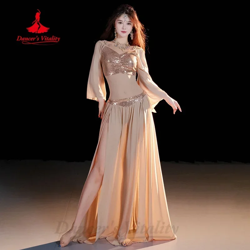 BellyDance Suit for Women Sequin Long Sleeved Top+sexy Split Long Skirt 2pcs Adult Oriental Dance Professional Practice Clothes