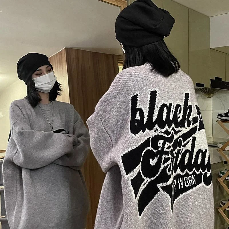 

Male Knitting Retro Sweater Men Women Loose Autumn Winter Couple Long Sleeves Round Neck Letter Casual Pullovers Tops