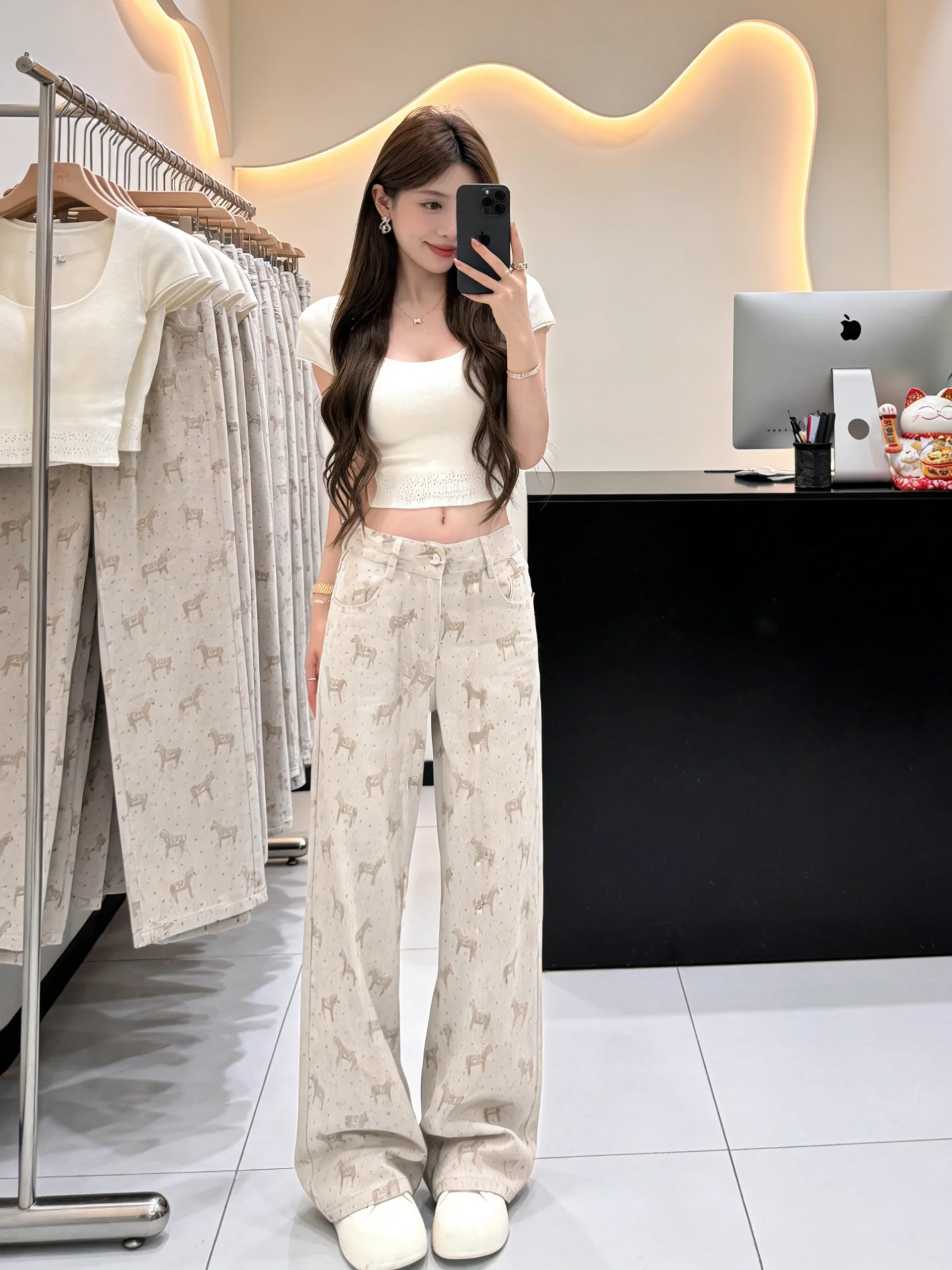 

Low Waist Washed Denim Pants Women's Korean Style Summer Versatile Straight Leg Long Trousers Floral Embroidery Wide Leg Jeans