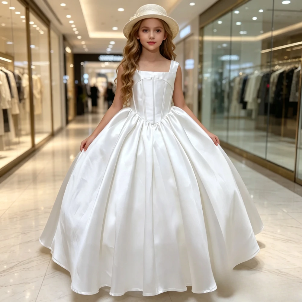 Girls Spaghetti Strap Dress, Waist-Cinched MaxiFormal Dress Birthday Dress Children Long Gown, Elegant Photo Shoot White New