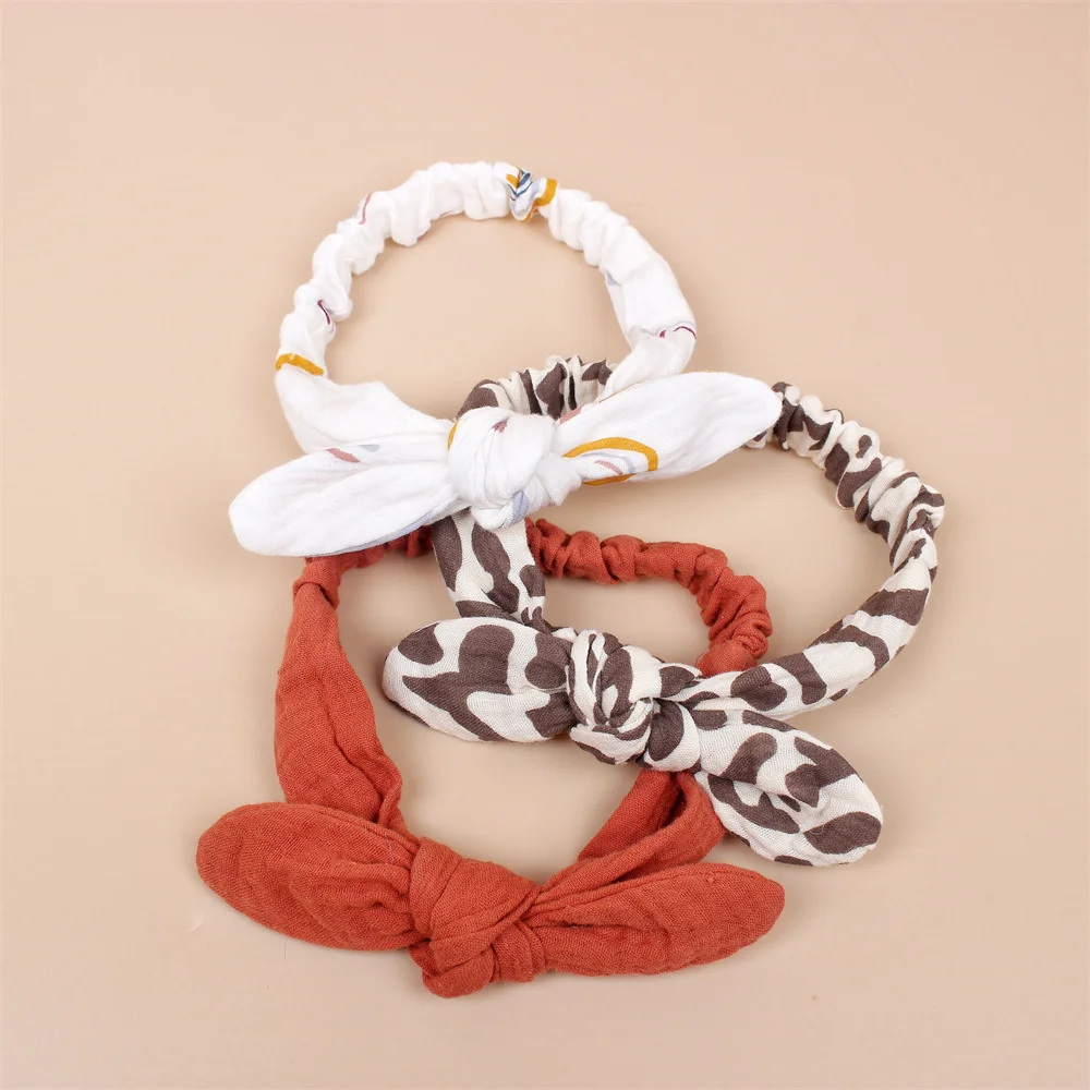 3Pcs/Set Solid Muslin Cotton Baby Headband Elastic Rabbit Ear Hair Band Infant Girl Turban Headwraps Stretch Accessories