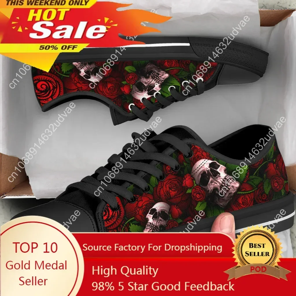 Gothic Skull 3D Rose Print Vintage Flat Shoes Brand Design Women's Vulcanized Shoes Canvas Sneakers Zapatillas Mujer 2