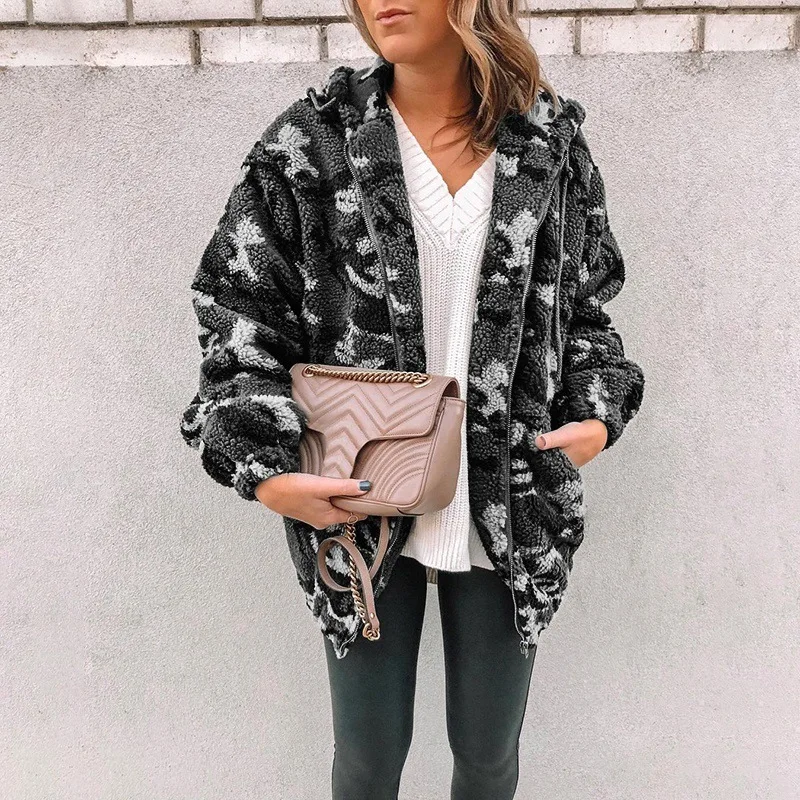 New Women's Casual Jacket Fashion Camouflage Hooded Drawstring Plush Sweater Zipper Jacket Women  Autumn and Winter