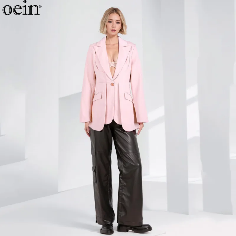 [oein] New Style Design With Overlapping Multi-layer Jacket, Pink Lapel Single Button Temperament, Small Suit For Women