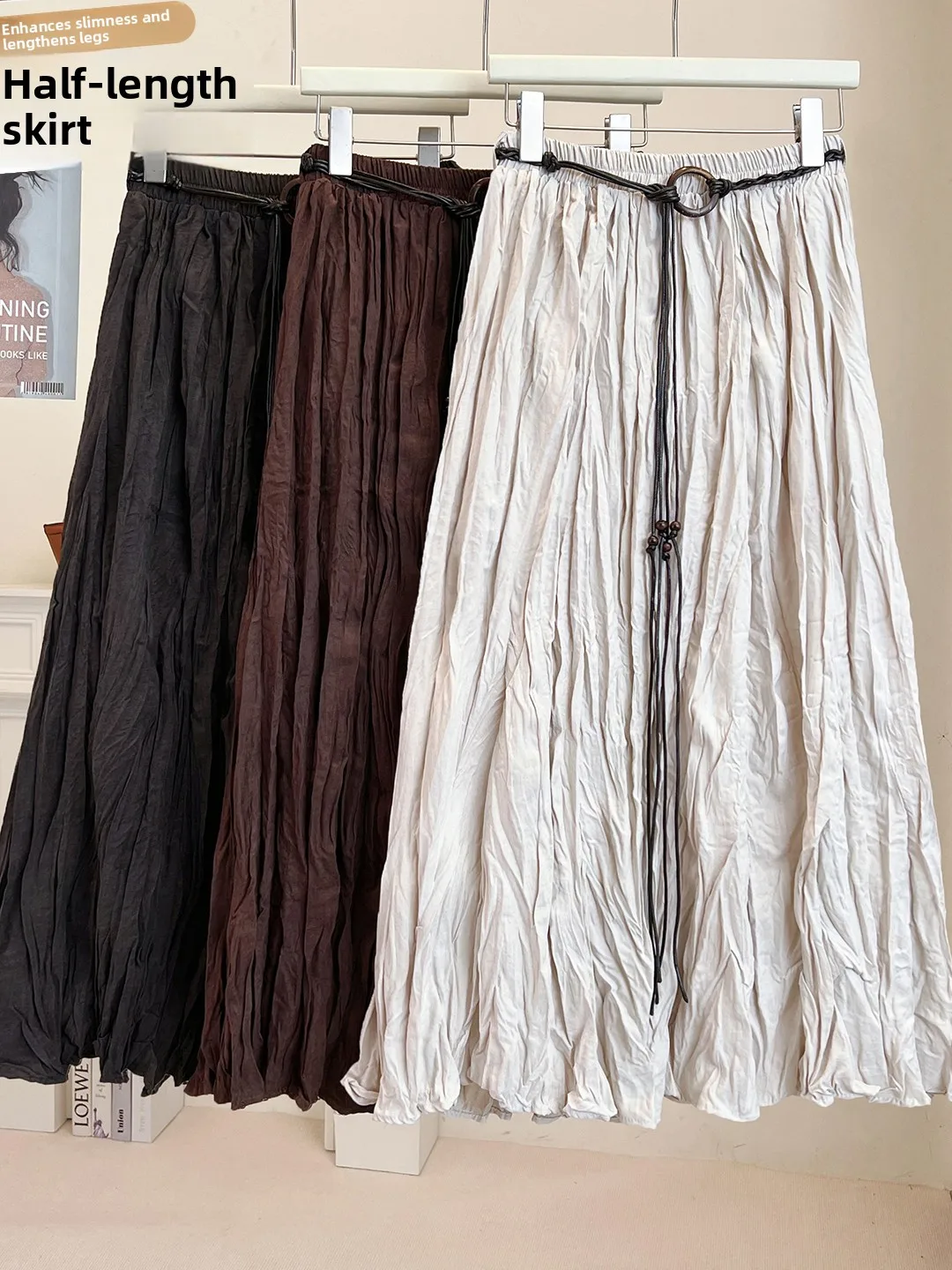 Loose Women's Midi Skirt Autumn New Vintage Lazy Style A-Line Long Skirt Pleated Big Hem High Waist Elastic Waist Korean Style