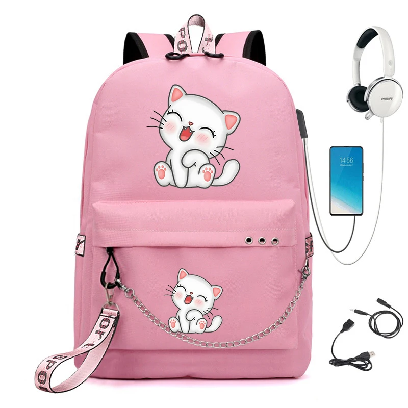 Kawaii Kätzchen Schult aschen für Schüler Teenager Frauen Laptop Rucksack USB süße Katze schwarz Teenager Rucksack Schult asche Rucksack