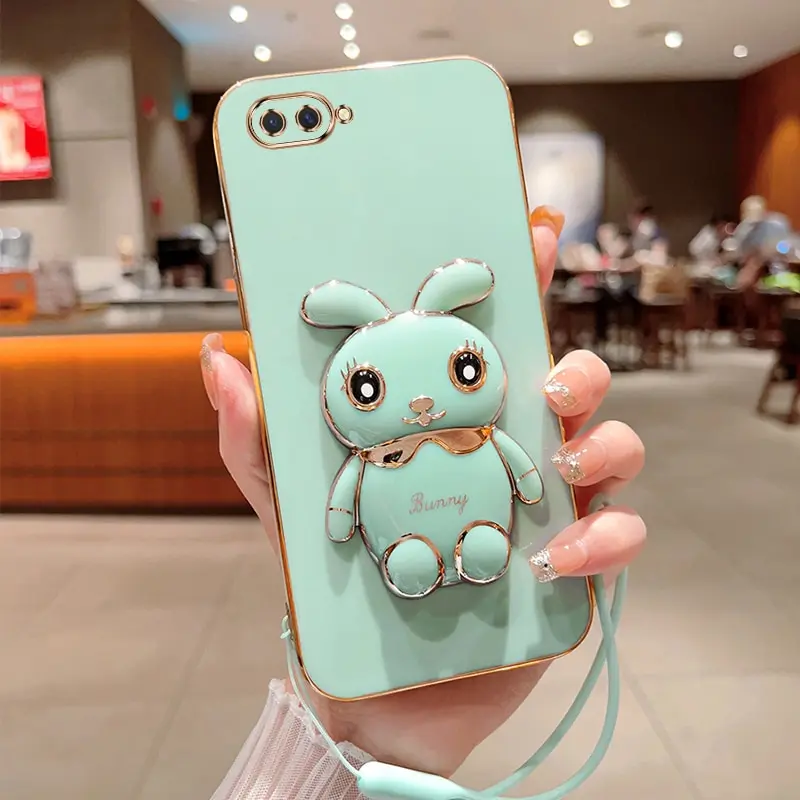 Phone Case For Oppo A3S Oppo A12E Realme C1 Luxury Plating Square Rabbit Holder With Landyard Case Cover