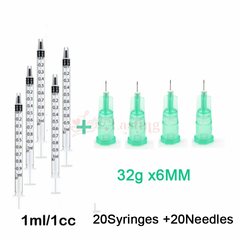 20PCS/SET 1ml Syringes Painless Small Needle 32Gx4mm 32Gx6mm 30Gx4mm 32Gx13mm 30Gx25mm Painless Eyelid Tattoo needles