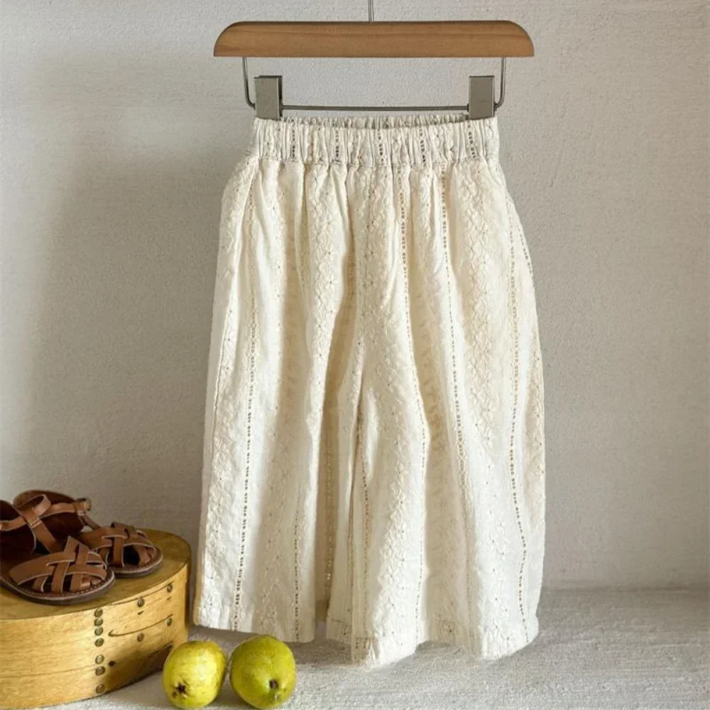 2-7-year-old Summer New Girls' Hollow Lace Wide Leg Pants Cool Breathable Sunscreen Korean Version Children's Clothes