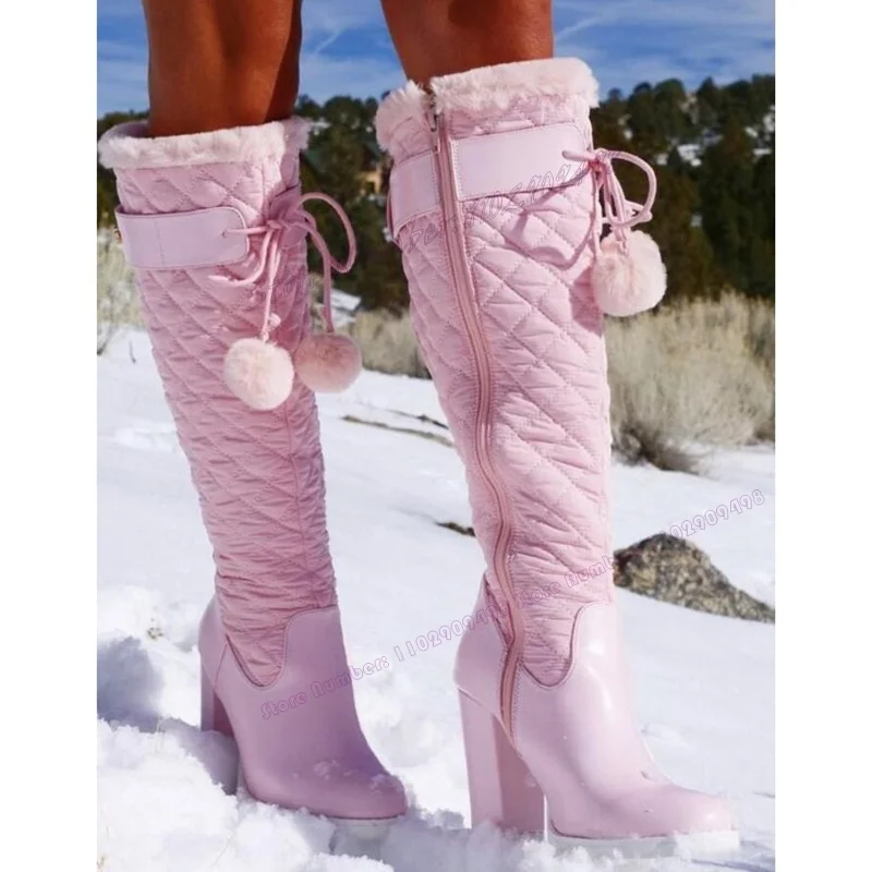 Pink Fleece Chunky Heels Snow Boots Fuzzy Ball Round Toe Shoes for Women Cross Tied Side Zipper Shoes 2023 Zapatos Para Mujere