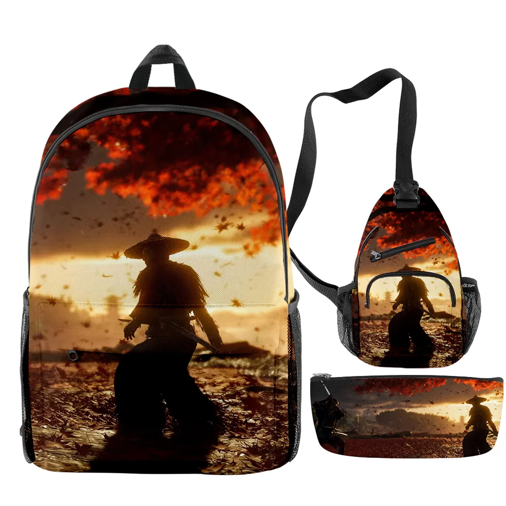 Fashion Youthful Ghost of Tsushima Game 3pcs/Set Backpack 3D Print Bookbag Laptop Daypack Backpacks Chest Bags Pencil Case