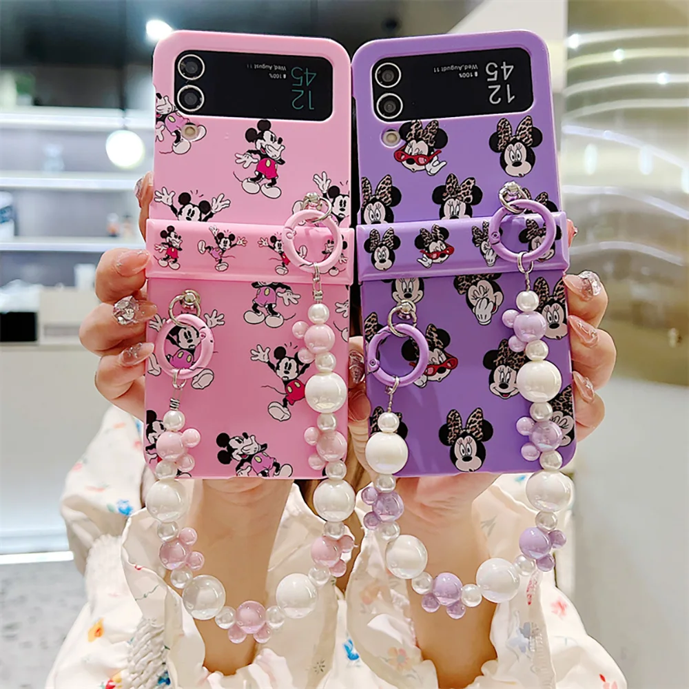 Disneies Mickey New Bow with Lanyard Phone Case for Samsung Galaxy Z Flip 3 4 Z Flip 5 6 5G PC Hard Anti-drop Back Cover Funda