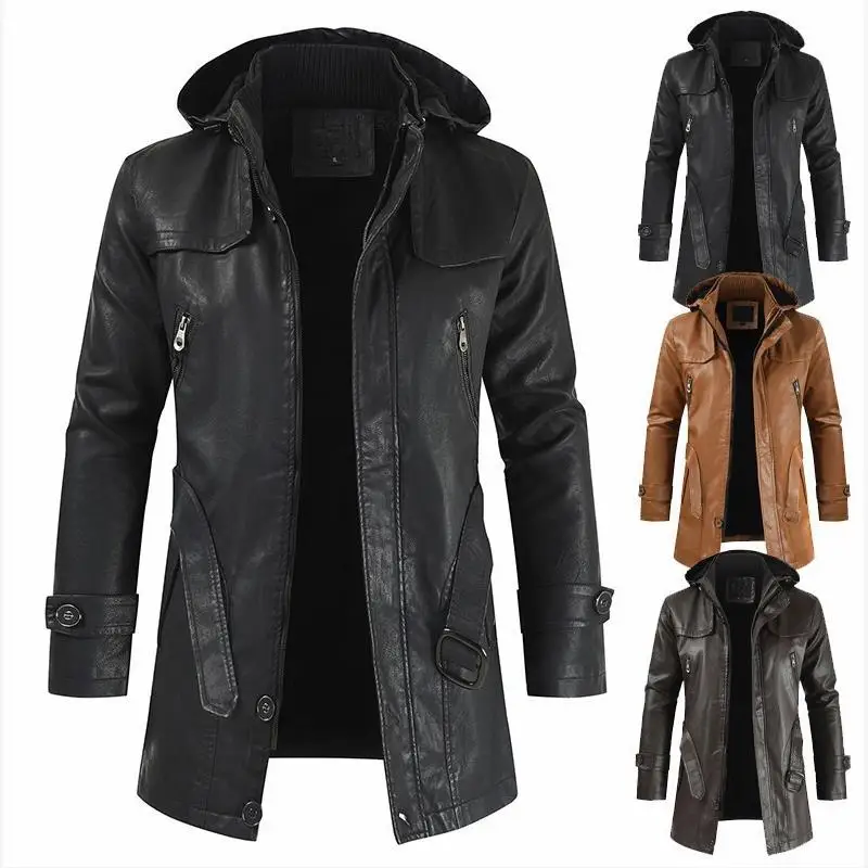 Men's Mid-Length PU Leather Jacket Korean Style Youth Large Size Windbreaker Casual Coat Straight Hem Plant Tanned Leather