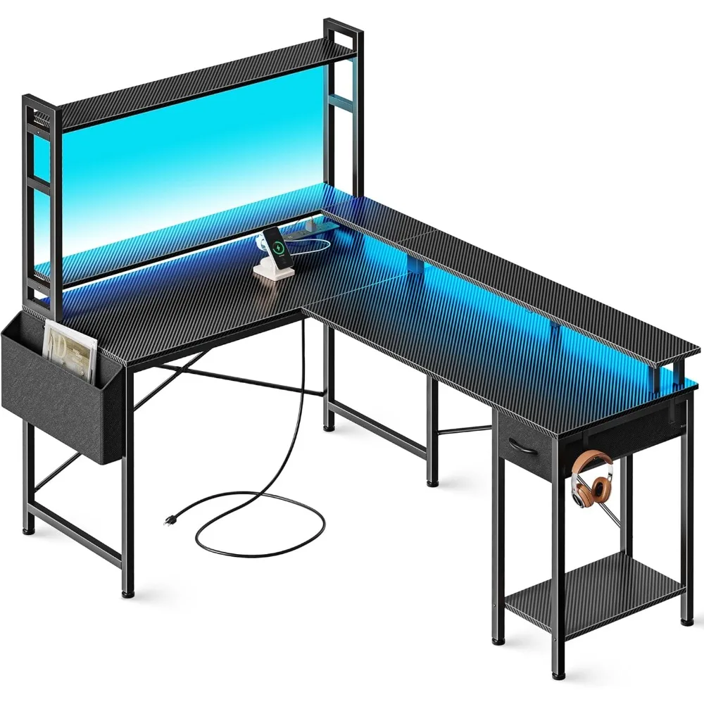 

Power Outlets, Gaming Desk with Storage Shelves, Corner Desk Home Office Desks for Bedroom