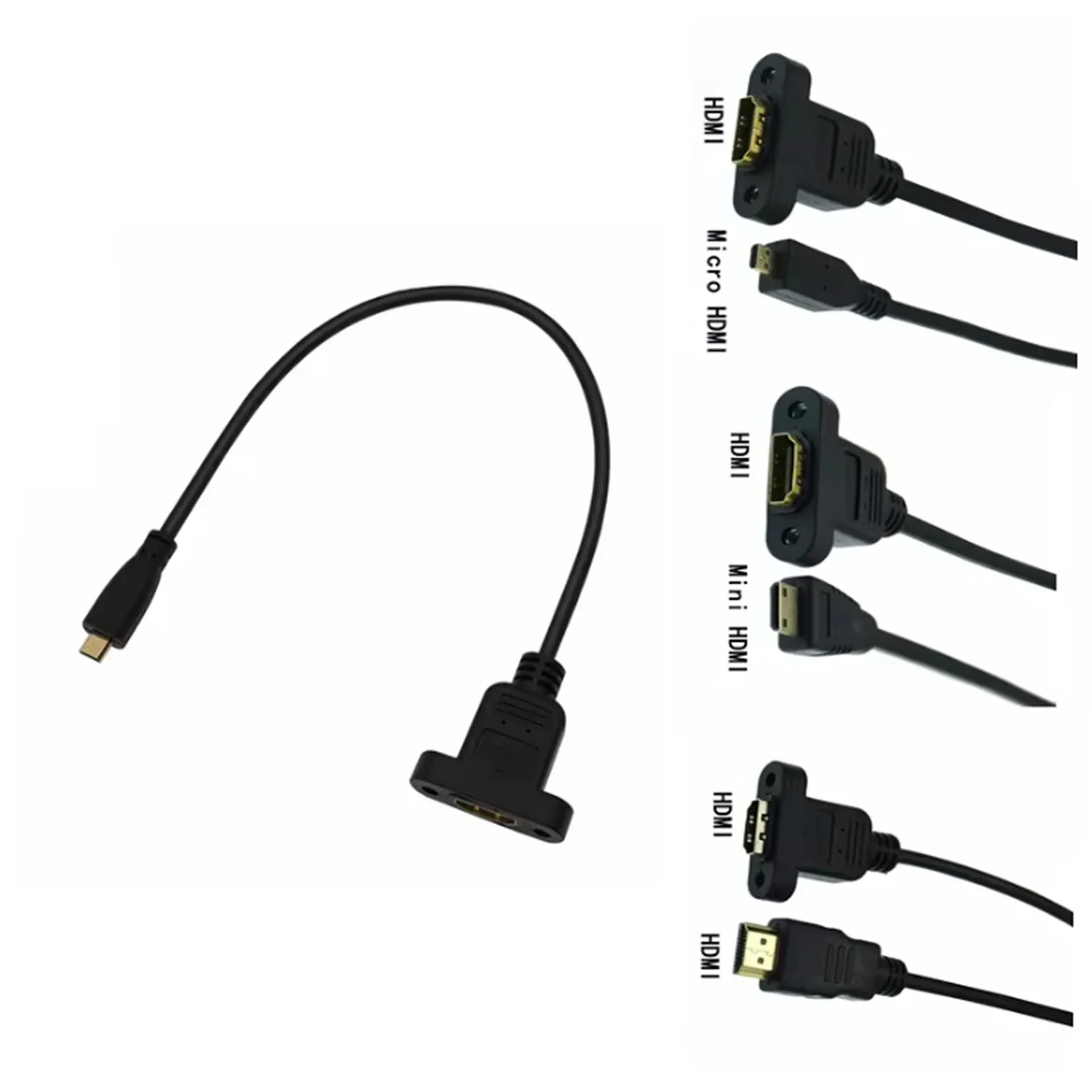 Panel Mount HDMI Female to Mini Male HDMI Gold-Plated Interface Handheld Digital Camera Extension Cable with Fixed Screw Hole