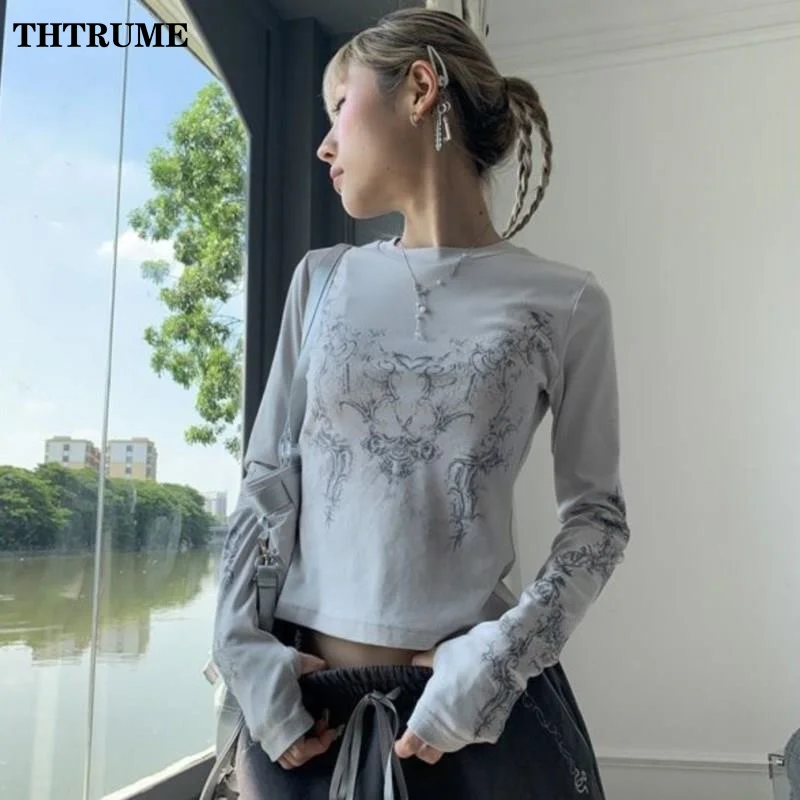 Vintage Women Y2K Chic T-Shirt Fashion Long Sleeve Printed Round Neck High Street Tops Casual Communte Gothic Streetwear New Top