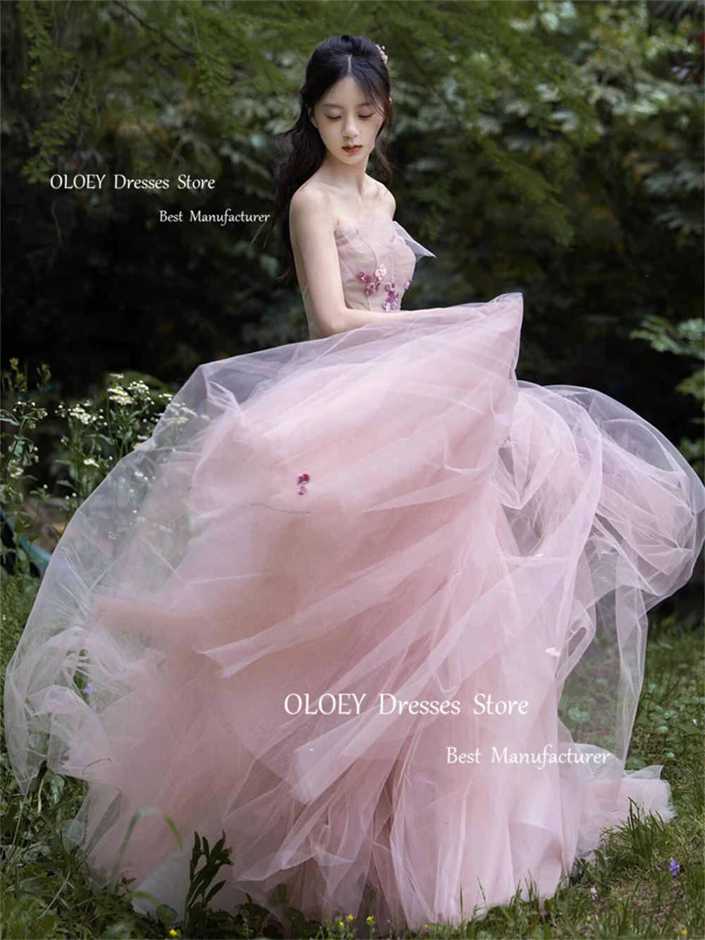 OLOEY Fairy Blush Pink Evening Dresses Tulle A-Line Elegant Prom Gowns Off Shoulder Photoshot Occasion Gowns Free Customized
