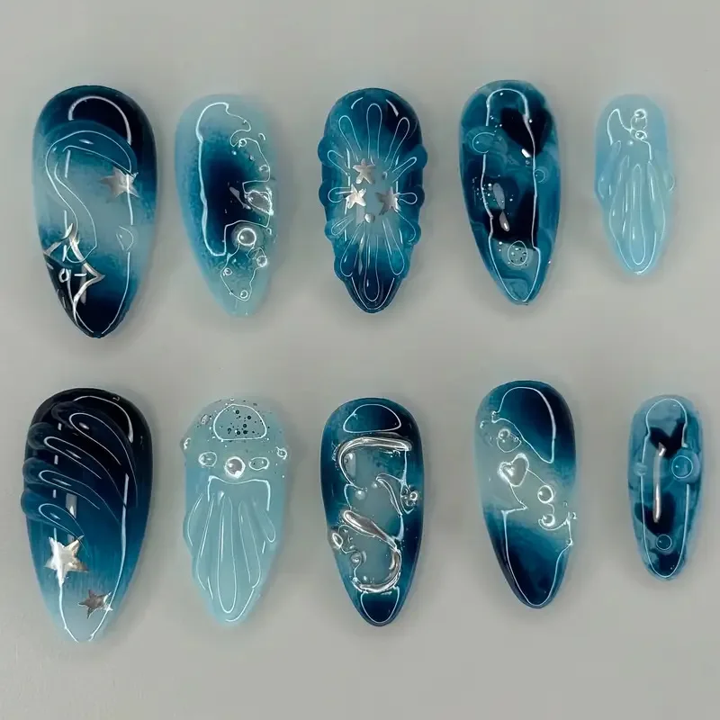 10pcs Blue Handmade False Nail Art Flower Pearl Almond Fake Nail with Rhinestone Ocean Design Press on Nails Tips Wearable Nails