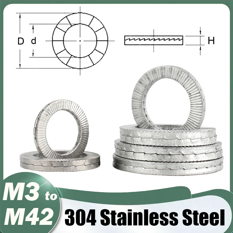 M3 M4 M5 M6 M8 To M42 304 Stainless Steel DIN25201 Double Deck Self-Locking Washer Wedge Lock Loose Shock Proof Gasket