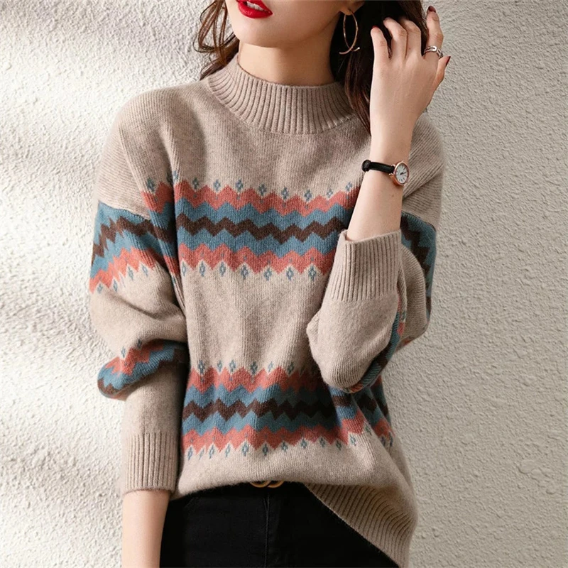 Autumn Winter Women\'s Vintage Striped Jacquard Pullover Knitted Sweater Casual Simple O Neck Loose Long Sleeve Top Female Jumper