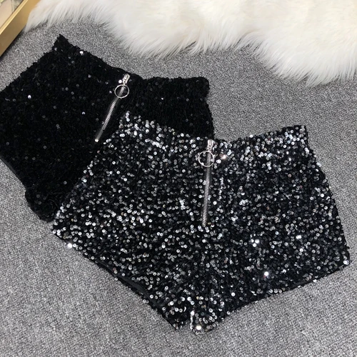 Imagen 2 del producto Todo el cuerpo el nuevo 2023 pantalones cortos de lentejuelas brillantes mujeres cremallera corta club nocturno mujer Slim Fit para pantalones cortos sexis plateados y negros