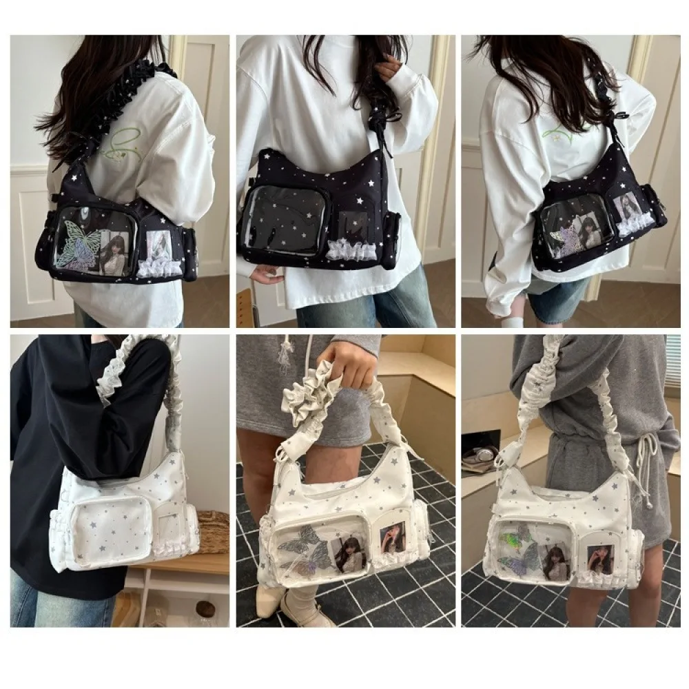 Image of Y2K Rüschen-Stern-Itabag mit doppeltem Klarsichtfenster, Schultertasche, Kpop-Fotokarten-Hobo-Handtasche