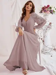 Mgiacy V-neck long sleeve chiffon lace patchwork high slit lantern sleeve Evening ball dress Party dress Bridesmaid dress