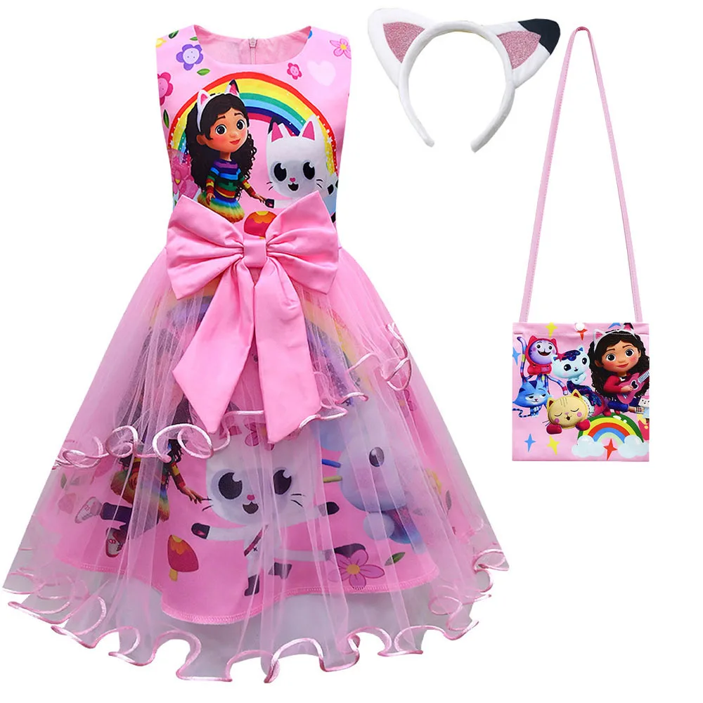 Cartoon Gabi Cat Cosplay Costume Kids Grils Bow Lace Dress+Headwear+Bag Sets Kids School Party Halloween Gabi Cosplay Costume