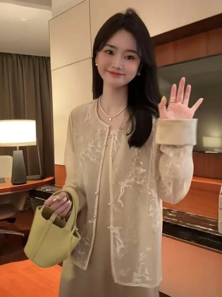 

New Chinese Sle Women's Spring Thin Sun Protection irt Dr Set Luxury Lightweight Casual Outfit round Ne Button Design