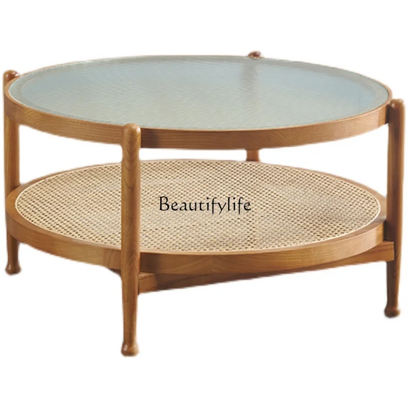 

Nordic solid wood rattan coffee table low table round Japanese living room rattan art small tea table