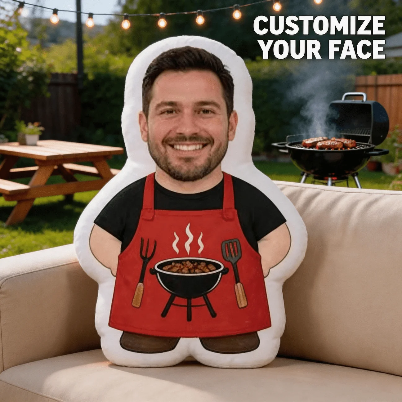 Custom Personalized Photo Face Pillow, BBQ Chef Apron Custom Shaped Decorative Cushion, 70CM Large Size Accent Pillow for Sofa &