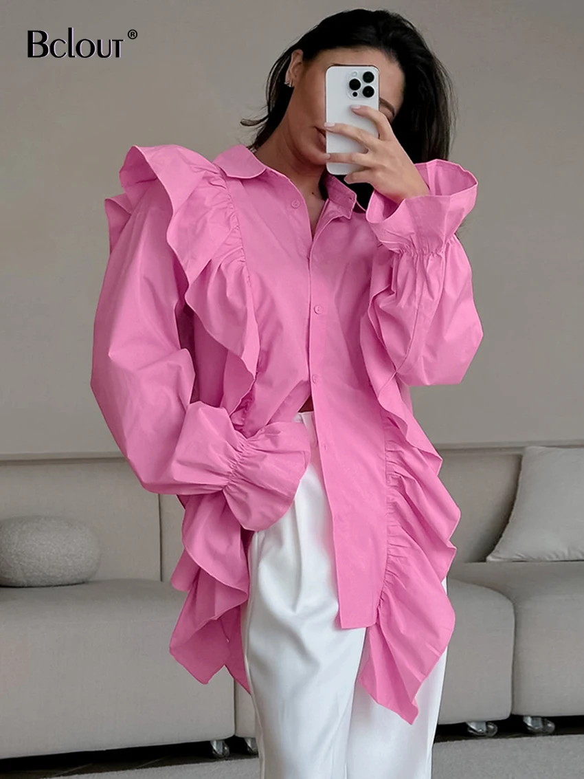 Bclout Fashion Pink Shirts Blouses For Women Chic Casual Blue Ruffled Long Sleeve Shirts 2024 Elegant Solid Loose Blouses Female