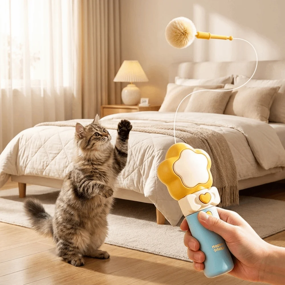 Pet Supplies Retractable Electric Cat Teaser Handheld with Ball Teasing Stick Long-Lasting Interactive Cat Wand Indoor Play