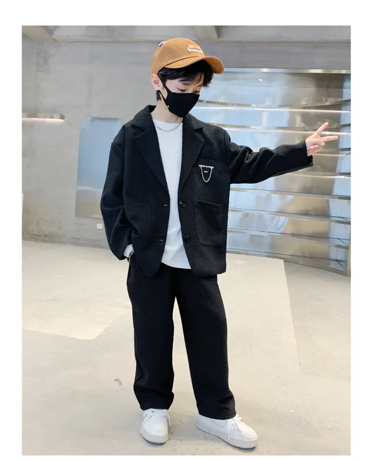 Anzug für Jungen, Blazer + Hose, zweiteilig, schwarz, khaki, Frühling, Herbst, koreanische Kinderkleidung, lässig, formell, weich, für 5 bis 14 Jahre – Detail 13