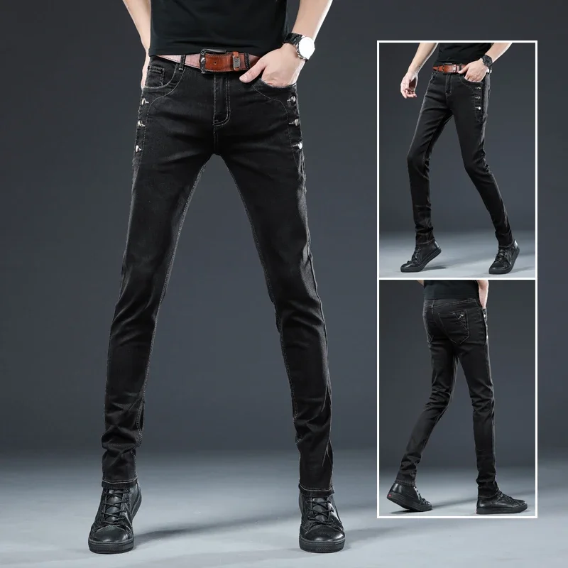New Men\'s Multi-button Skinny Jeans Gray Black Stretch Straight Fashionable Casual Slim Fit Denim Long Pants for Small Feet Male