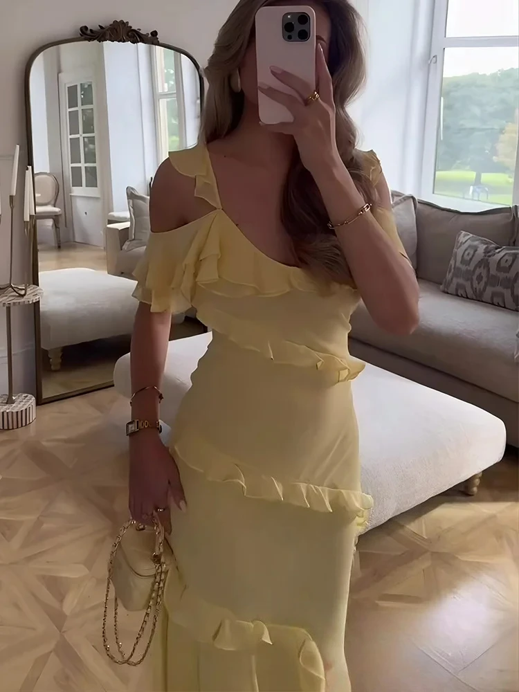 KONDALA Sexy Chic Vrouwen Jurk Geel Solid Cami Lange Tiered Rechte Chiffon Jurk Mode 2025, Herfst Avond Club Feestjurk