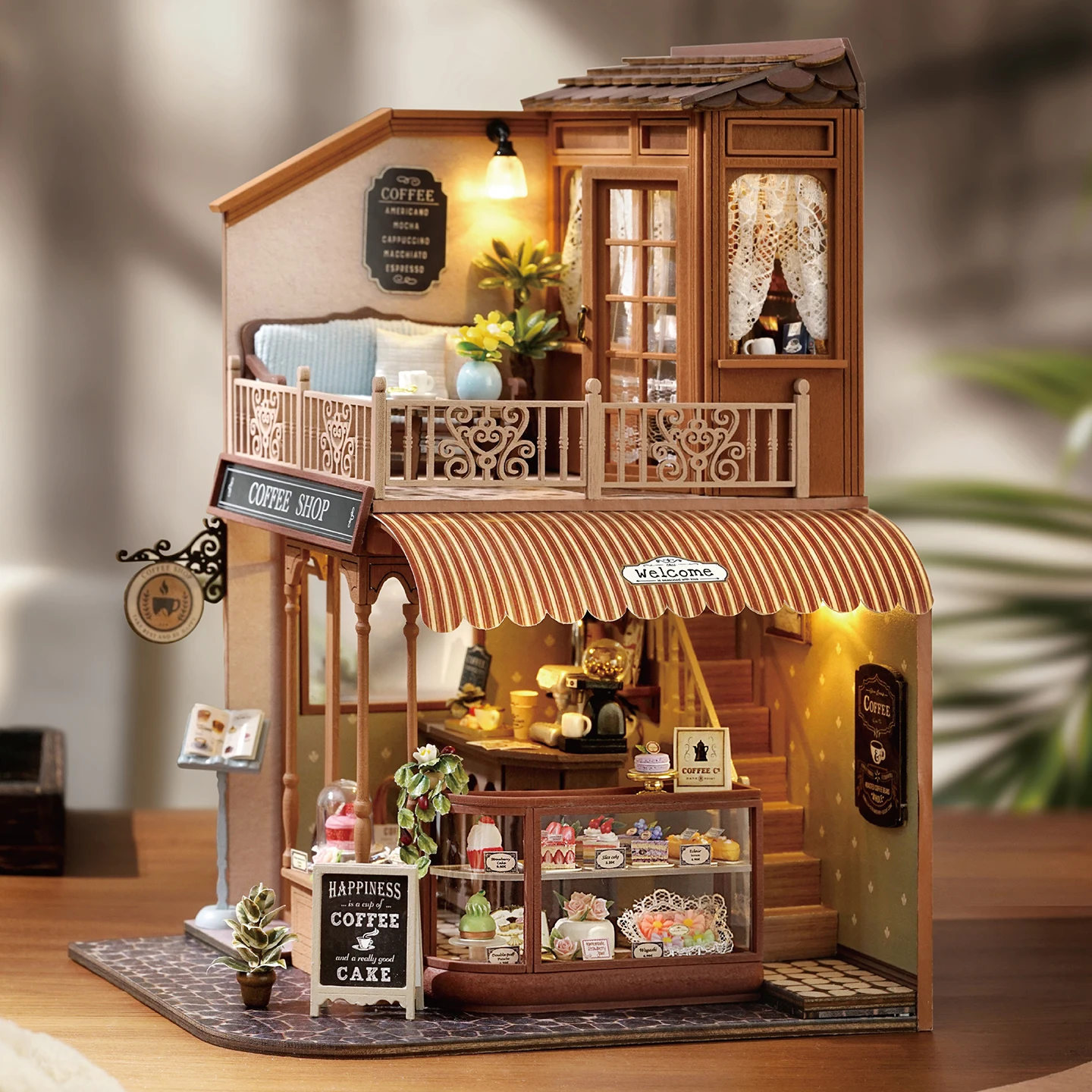 DIY Holz Garten Musikhaus Casa Puppenhäuser Miniaturmodellbausätze Kaffee Puppenhaus mit Möbeln 3D Puzzle für Freunde Geschenke