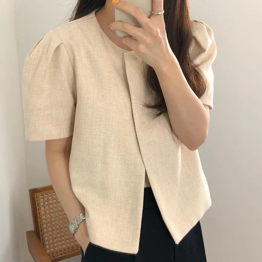 Elegant Blouse Women Shirts 2023 Fashion Summer Short Sleeve Round Neck Solid Tops Femininas Casual Puff Sleeve OL Blusas