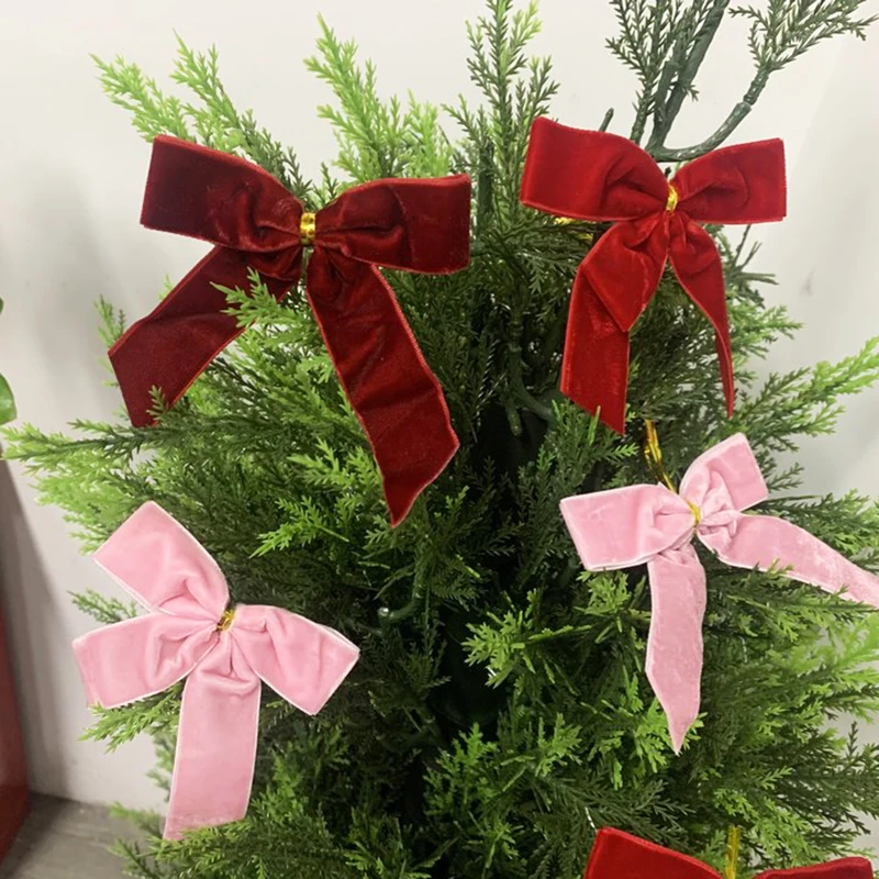 

24pcs Bowknot Christmas Tree Pendant Red/Pink Bow New Year Hanger Xmas Hanging Ornament Spring Holiday Party Favors Supply
