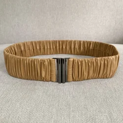 PU Pleated Elastic Belt for Women Fashion Casual Luxury Design Coat Down Jacket Thin Waist Tunic Girdle Gothic Retro Waistband