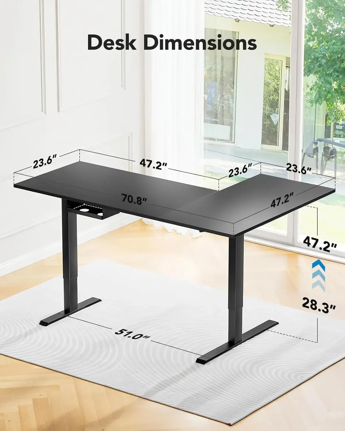 HUANUOL-shaped Standing Table, 71 x 48 inch dual motor Corner standing Table, electric height adjustable, Home office lift table