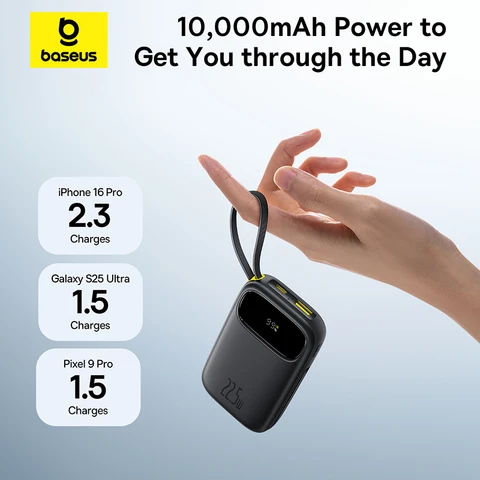 Baseus 10000/20000mAh 22.5W Power Bank со встроенным выдвижным кабелем USB-C/Lightning для iPhone 16/15/Samsung S25/Xiaomi Poco
