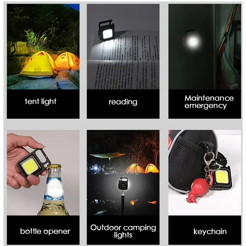 Mini LED Flashlight Work Light Portable Pocket Flashlight Keychains USB Rechargeable for Outdoor Camping Small Light Corkscrew