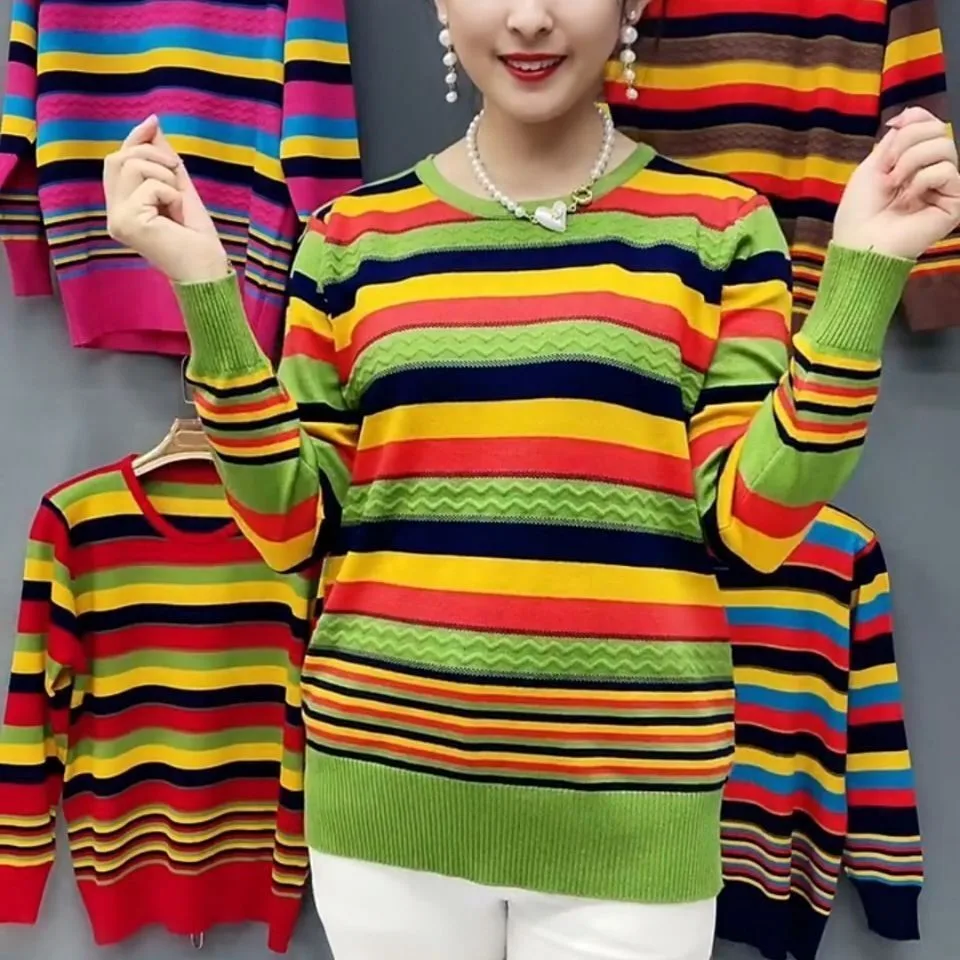 Sweter dzianinowy w paski na wiosnę i jesień, luźny, plus size, długi, cienki, dla kobiet w średnim wieku, dzianinowa bluzka bazowa.