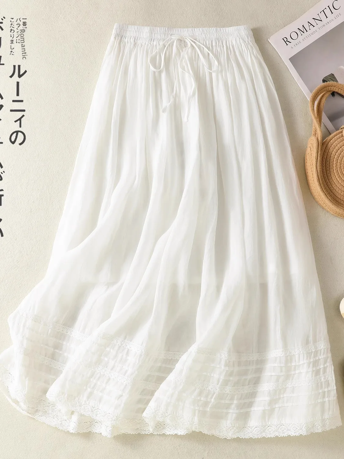 

Artistic Large Size Cotton Linen Skirt with Dstring Elastic Waist And Lace Trim Mid-Length A-Line Skirt for Casual Wear