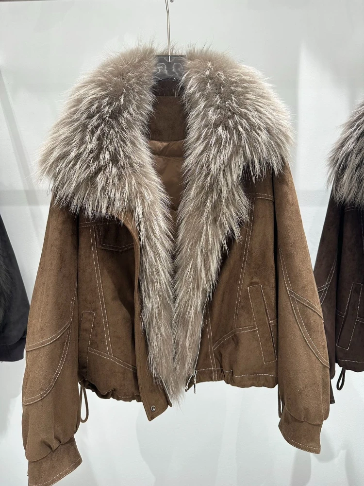 Women Winter Short Puffer Down Jacket with Fur Trim Collar Loose Fit Windproof Thermal Oversized Goose Down Coat Streetwear